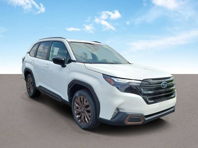 2026 Subaru FORESTER Sport in Crystal White Pearl — front three-quarter view