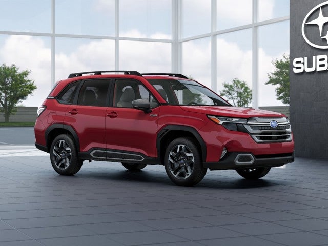 2026 Subaru FORESTER Limited Hybrid in Crimson Red Pearl — front three-quarter view